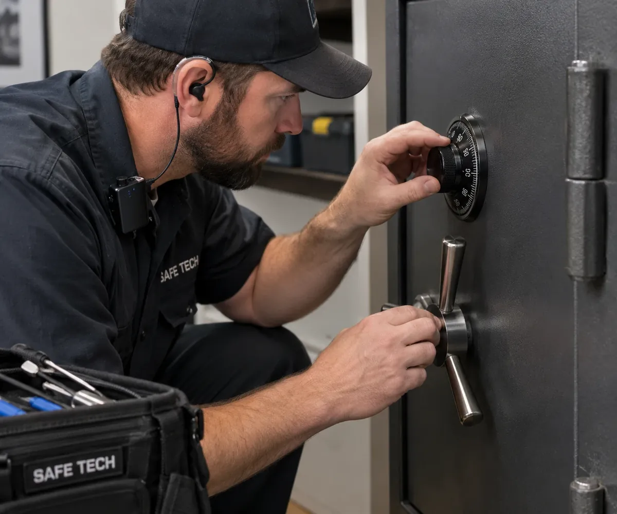 Safe technician turning a combination dial while listening to the lock to open a locked safe